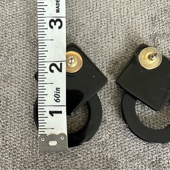 VINTAGE 80s Black Enamel and Blue and White Rhinestone Geometric Earrings - Picture 3 of 3